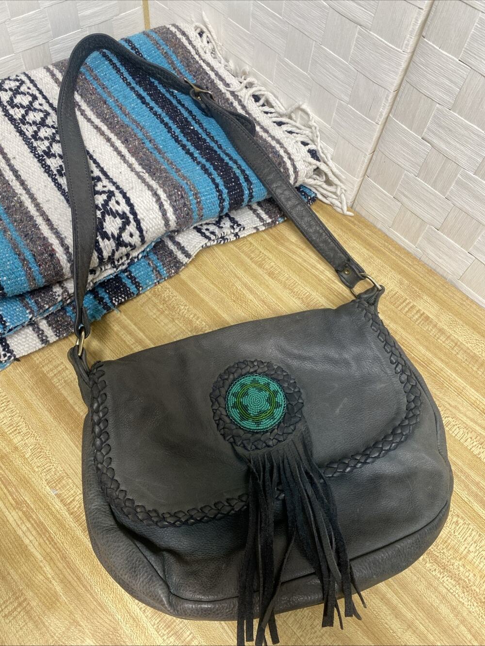 Hellbent Leather & Silver Faded Black Handbag Shoulder Bag Purse Beaded Braided
